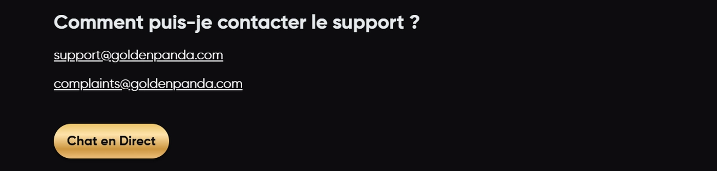 Assistance et contacts du casino Golden Panda